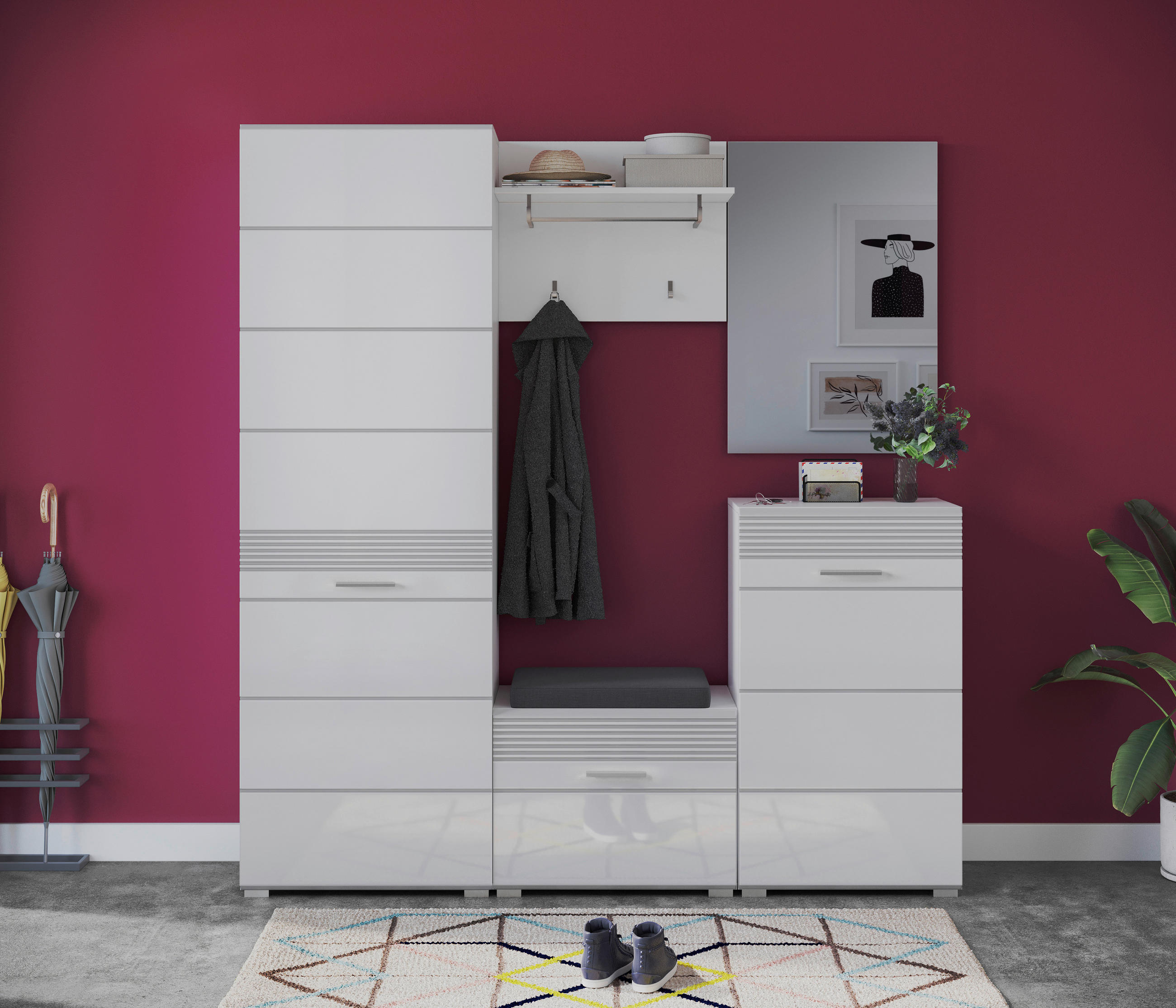 GARDEROBENBANK Linus in 60/47/37 cm - Weiß Hochglanz/Silberfarben, Design, Kunststoff (60/47/37cm) - Carryhome