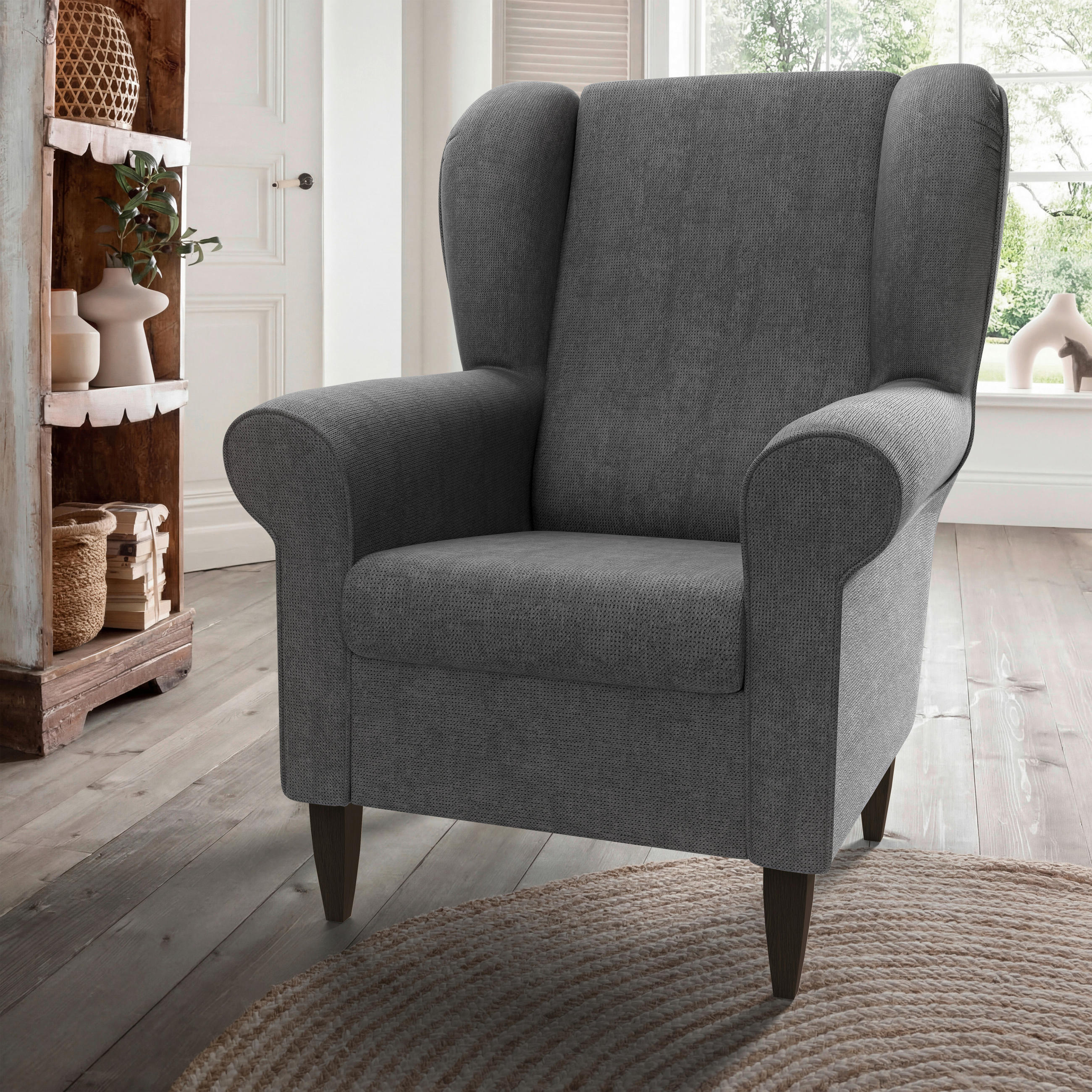 OHRENSESSEL Chenille Dunkelgrau  - Wengefarben/Dunkelgrau, Konventionell, Holz/Textil (80/102/86cm) - Livetastic