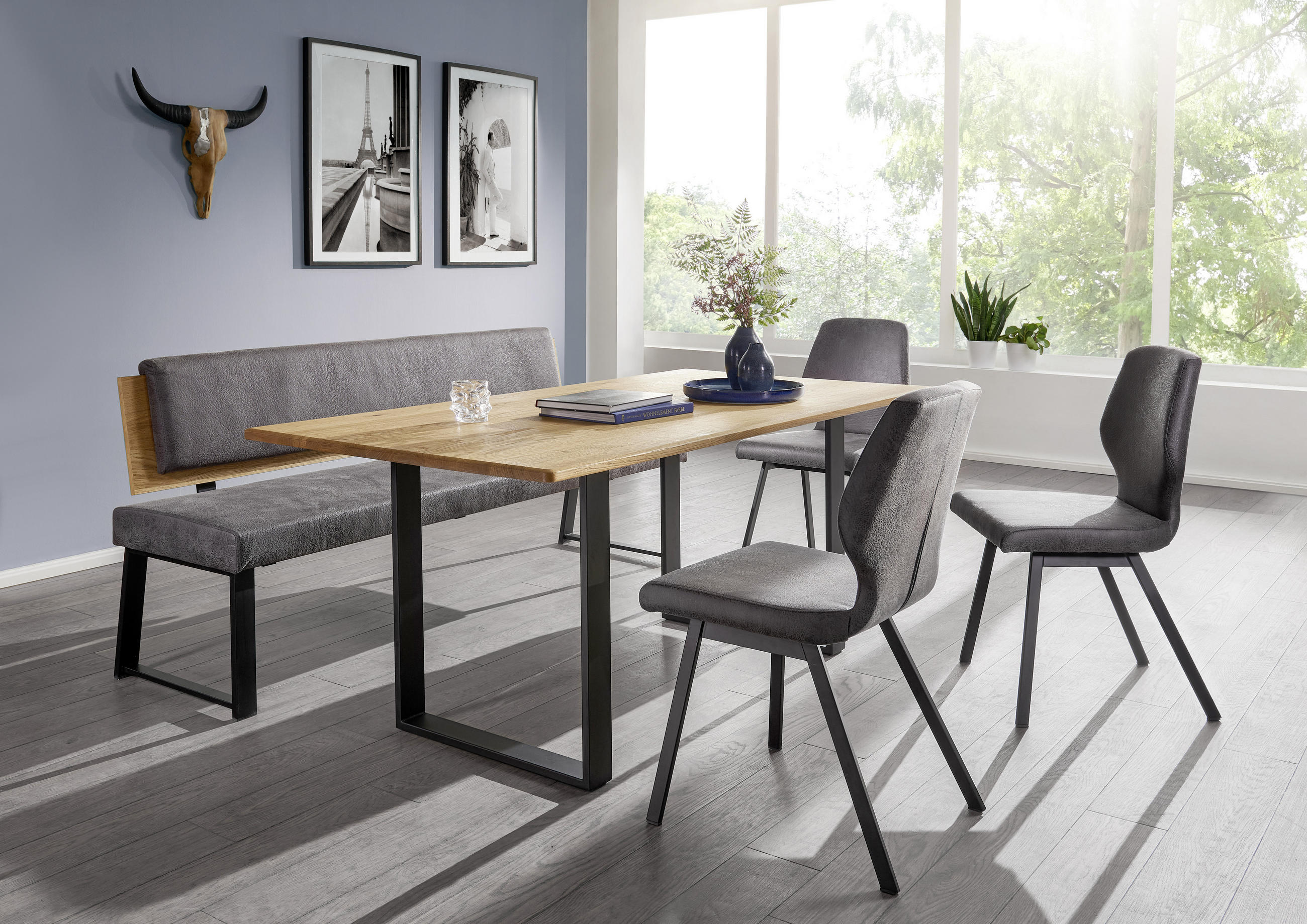 SITZBANK 160/85/60 cm Mikrofaser Eichefarben, Dunkelgrau Asteiche massiv Metall  - Eichefarben/Dunkelgrau, Design, Holz/Textil (160/85/60cm) - Venda