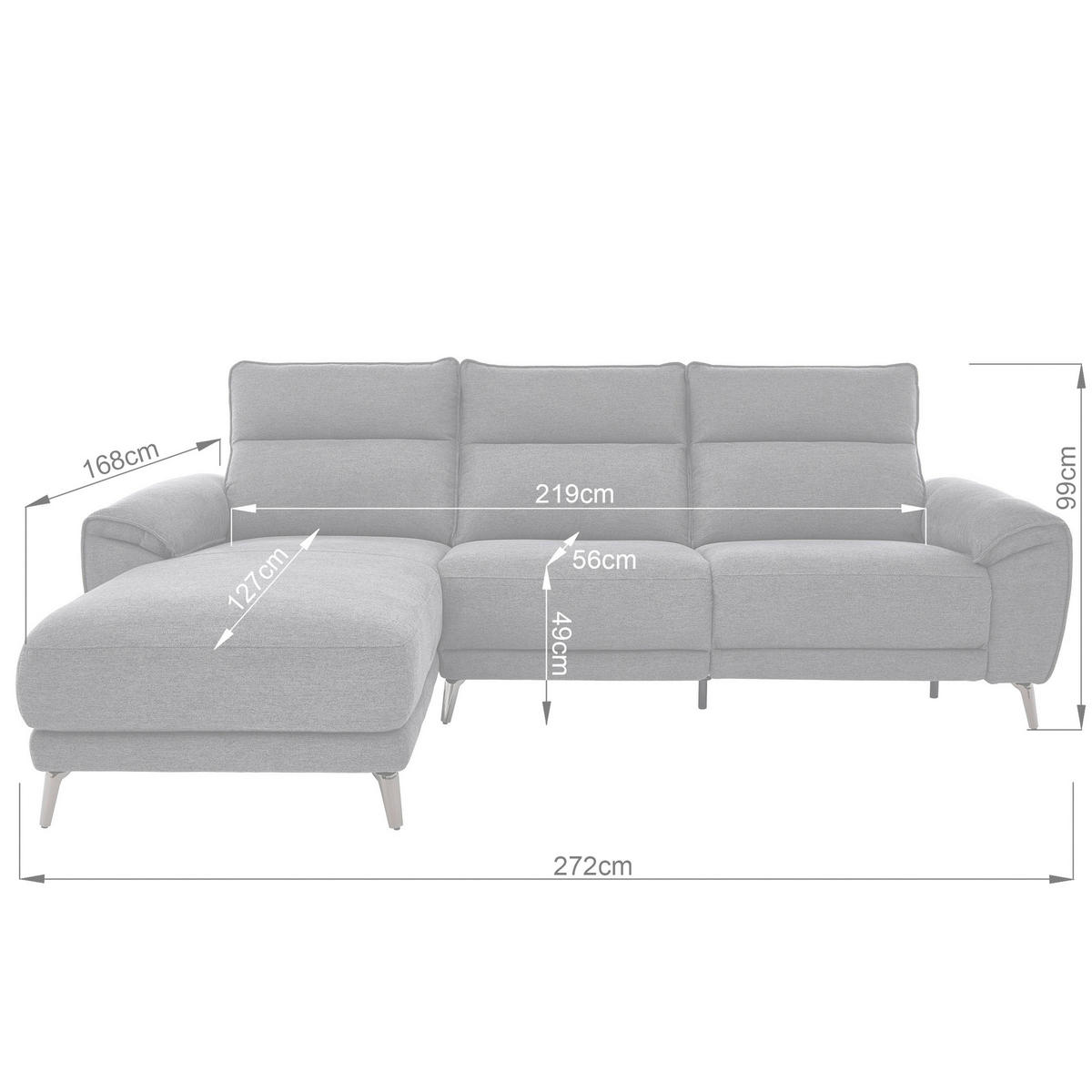 ECKSOFA Dunkelgrau Webstoff  - Chromfarben/Dunkelgrau, Design, Textil/Metall (168/272cm) - Carryhome