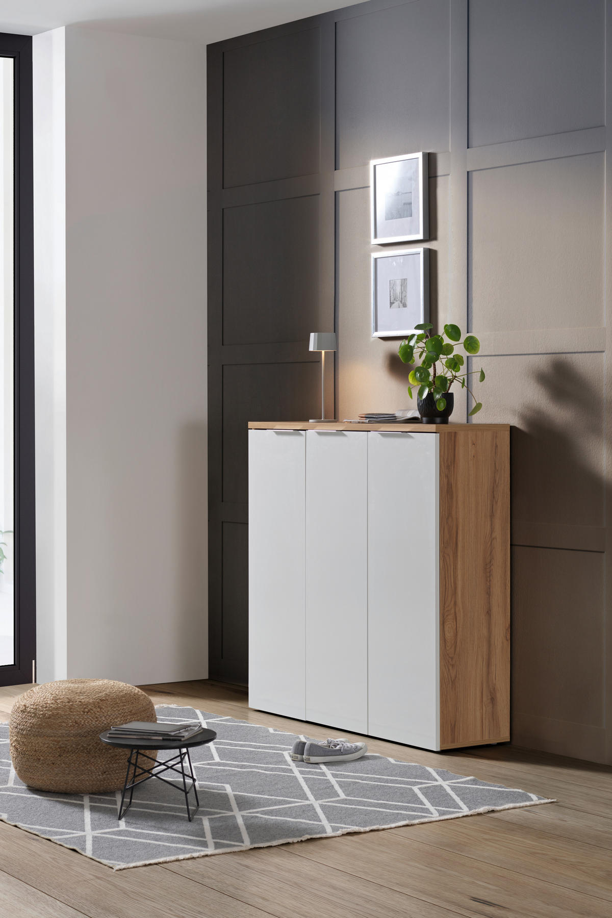 SCHUHSCHRANK Eichefarben, Weiß Hochglanz  - Chromfarben/Eichefarben, Design, Holzwerkstoff/Kunststoff (120/115/34cm) - Xora