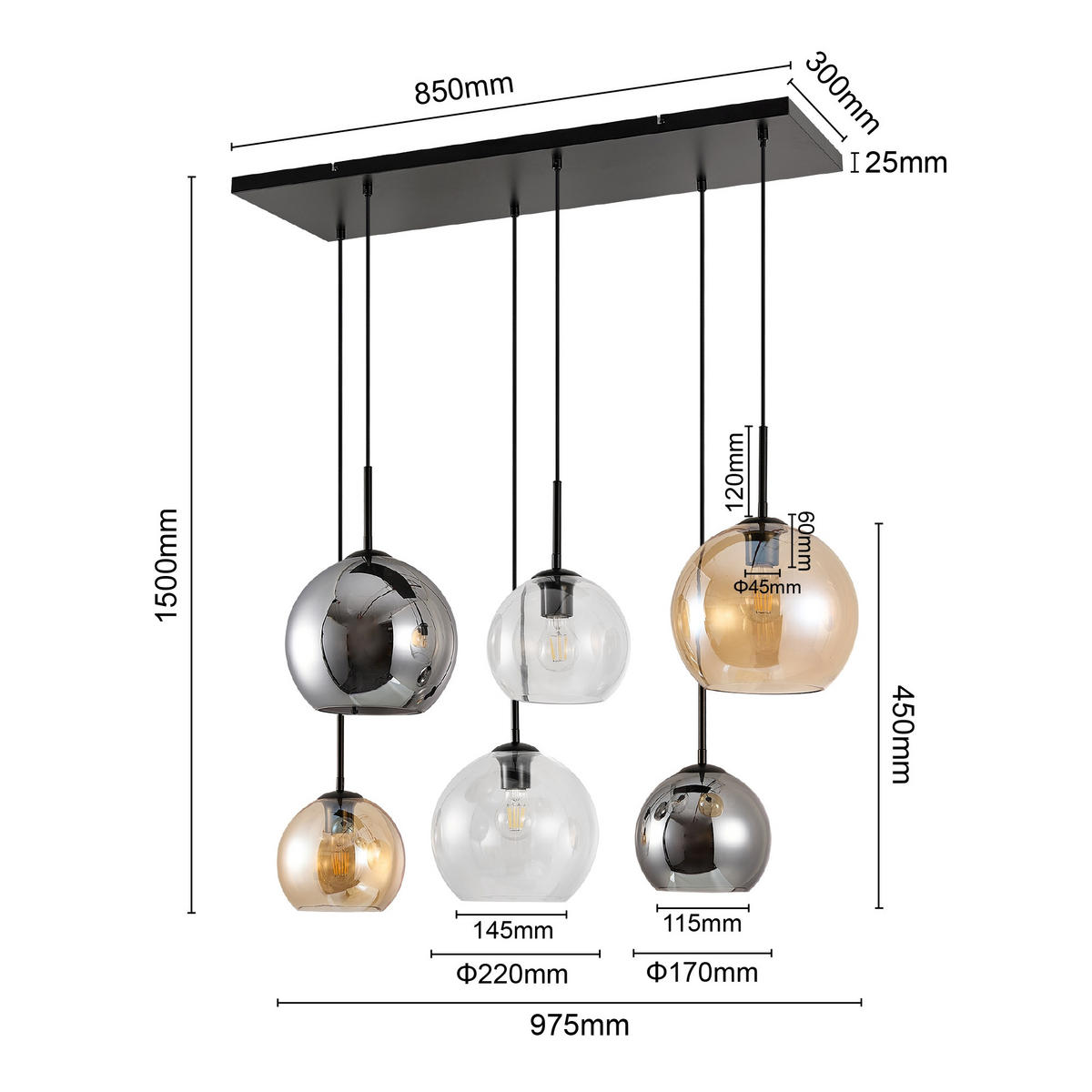HÄNGELEUCHTE Amelie 97,5/42,5/150 cm   - Klar/Bernsteinfarben, Basics, Glas/Metall (97,5/42,5/150cm) - Novel
