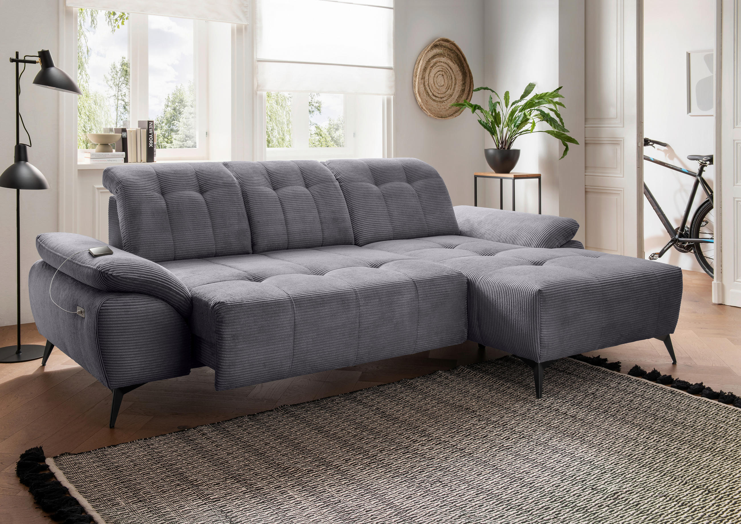 ECKSOFA FIORE Grau Cord Kopfteilverstellung, Sitzvorzug  - Schwarz/Grau, MODERN, Textil/Metall (280/180cm) - Livetastic