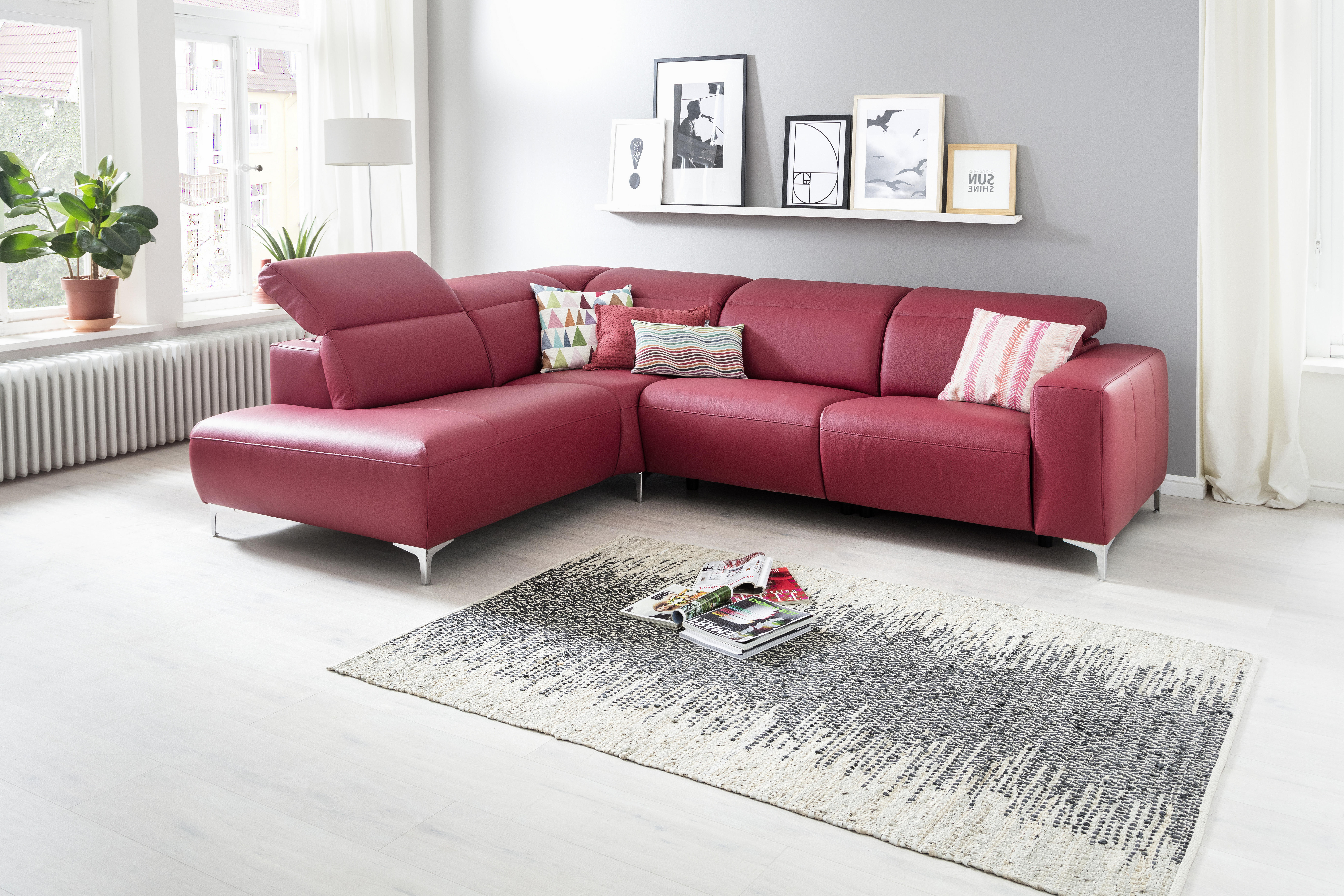 ECKSOFA Rot Echtleder  - Chromfarben/Rot, Design, Leder/Metall (223/290cm) - Pure Home Lifestyle