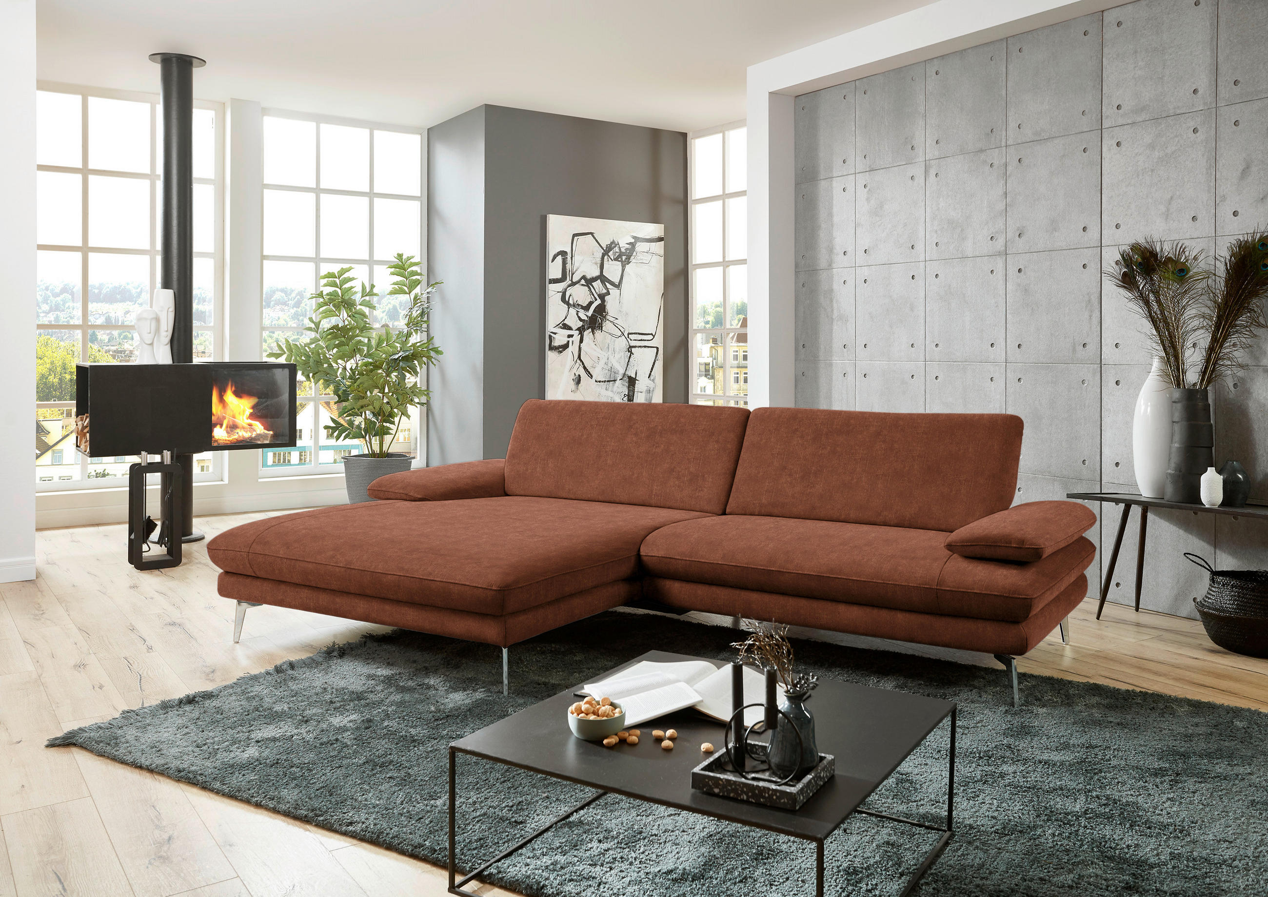 ECKSOFA in Velours Kupferfarben  - Schwarz/Kupferfarben, Design, Textil/Metall (184/284cm) - Dieter Knoll