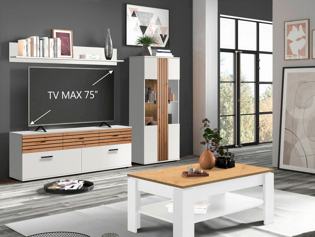 WOHNWAND 3-teilig  in Weiß, Eiche dunkel  254,6/175/38 cm  - Eiche dunkel/Schwarz, Design, Glas/Holzwerkstoff (254,6/175/38cm) - Livetastic