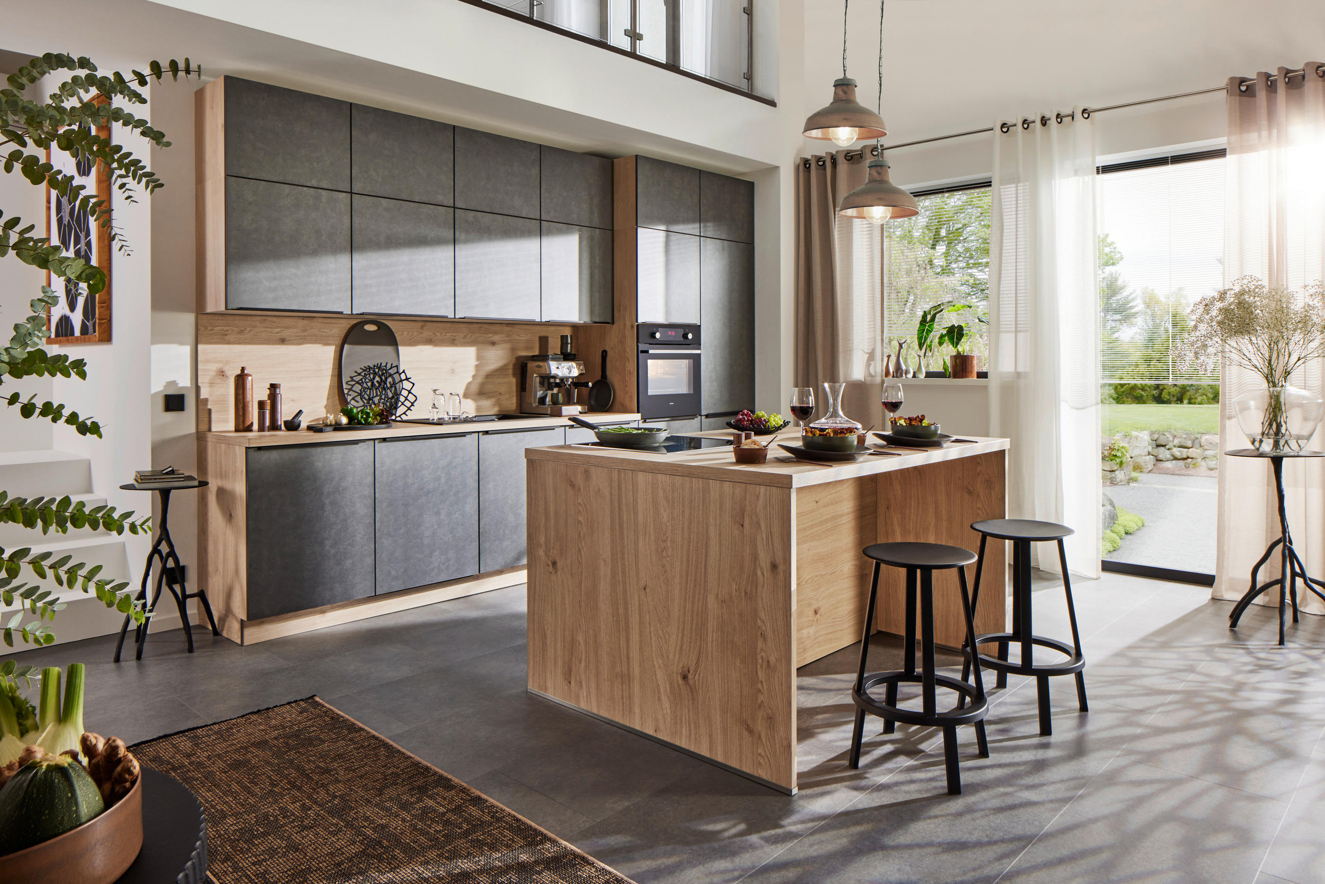 KUHINJSKI BLOK BREZ APARATOV - temno siva/črna, Design, kovina/leseni material (360cm) - Welnova