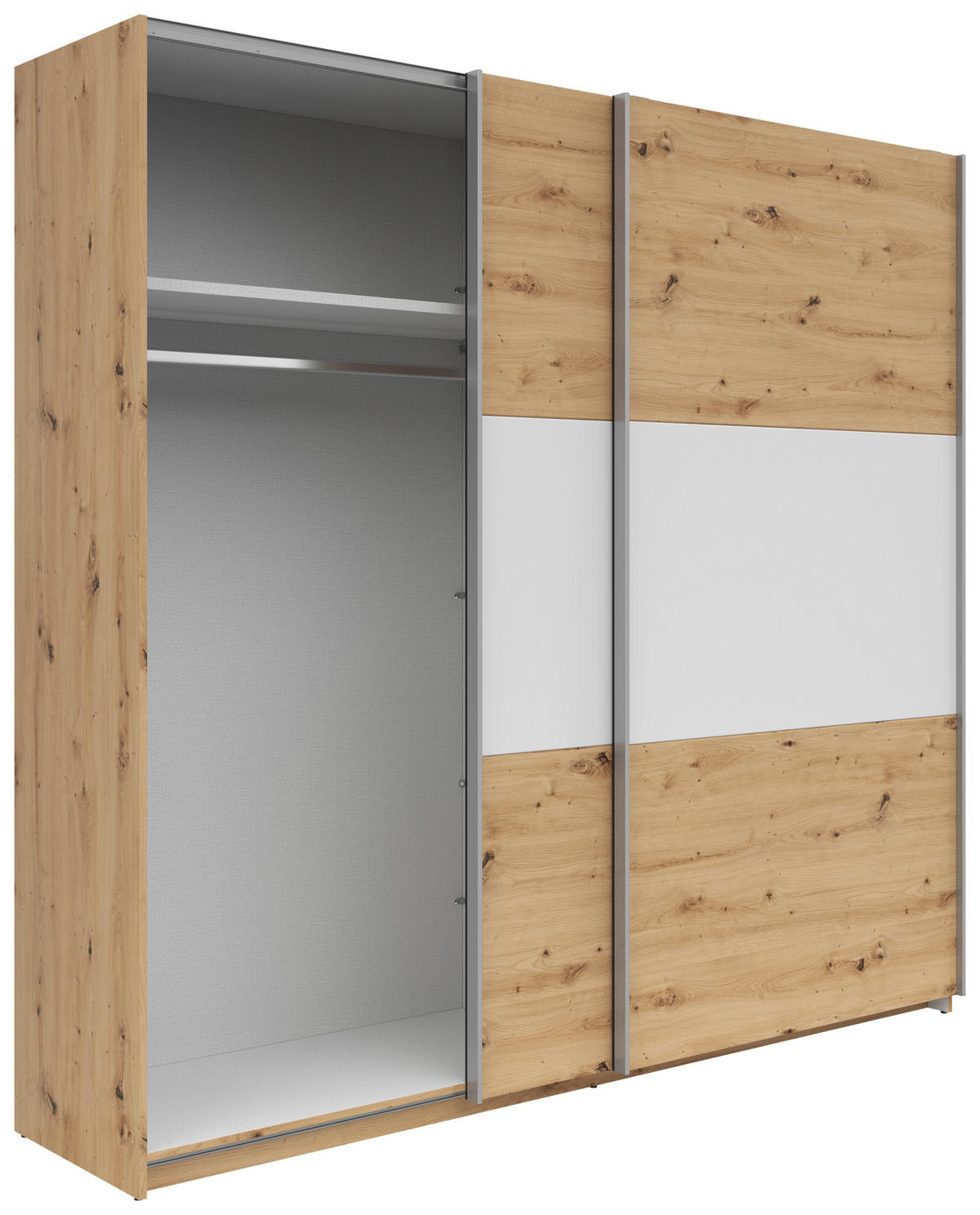 SCHWEBETÜRENSCHRANK 218/210/59 cm 2-türig Weiß, Eichefarben  - Eichefarben/Silberfarben, KONVENTIONELL, Holzwerkstoff/Metall (218/210/59cm)