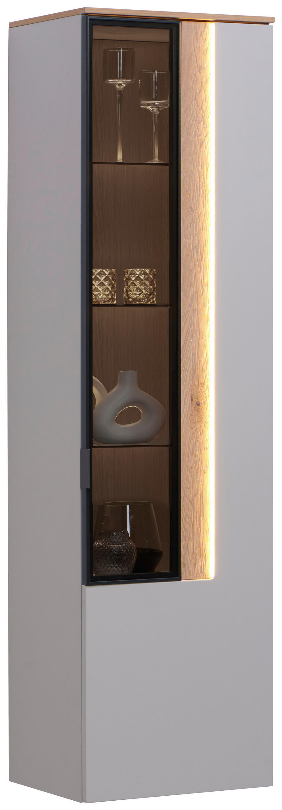 Vitrina Suspendata, furniruit, culoare lemn stejar, gri deschis