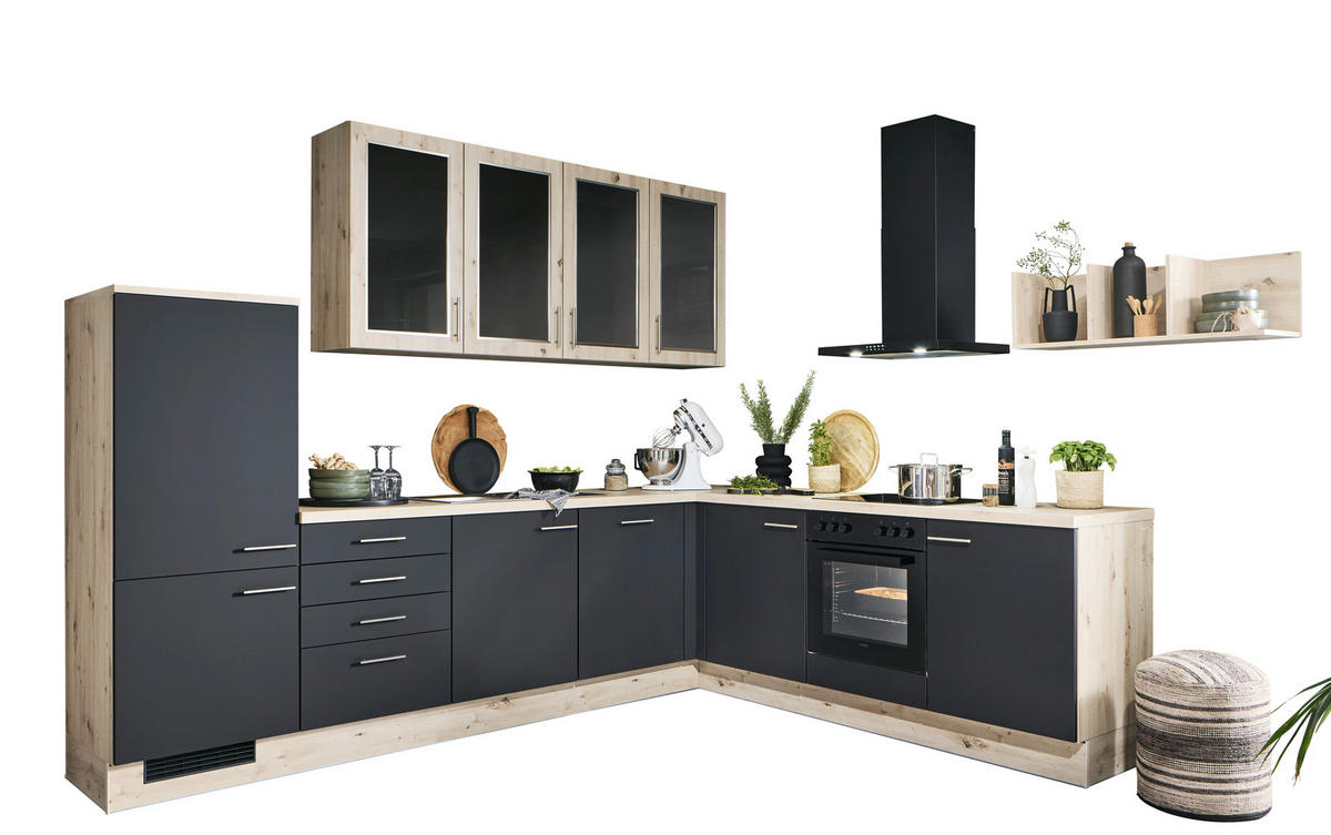 ECKKÜCHE 305,2/283,1 cm  Schwarz, Eichefarben  - Edelstahlfarben/Eichefarben, Konventionell, Glas/Holzwerkstoff (305,2/283,1cm) - Venda