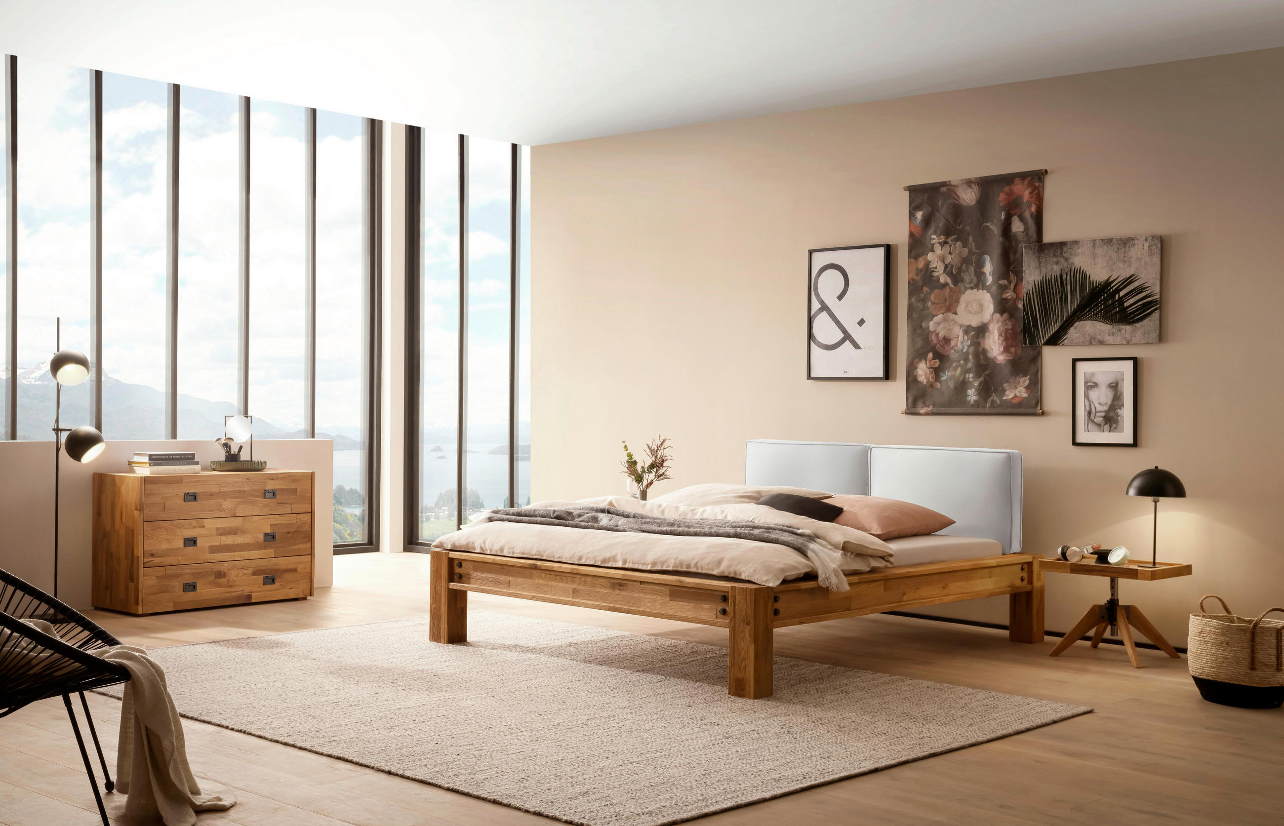 Thumbnail - Hasena Balkenbett, Weiß, Eiche, Holz, Textil, Eiche, massiv, Höhe ca. 22 cm, 160x200 cm, gepolstertes Kopfteil, in versc...