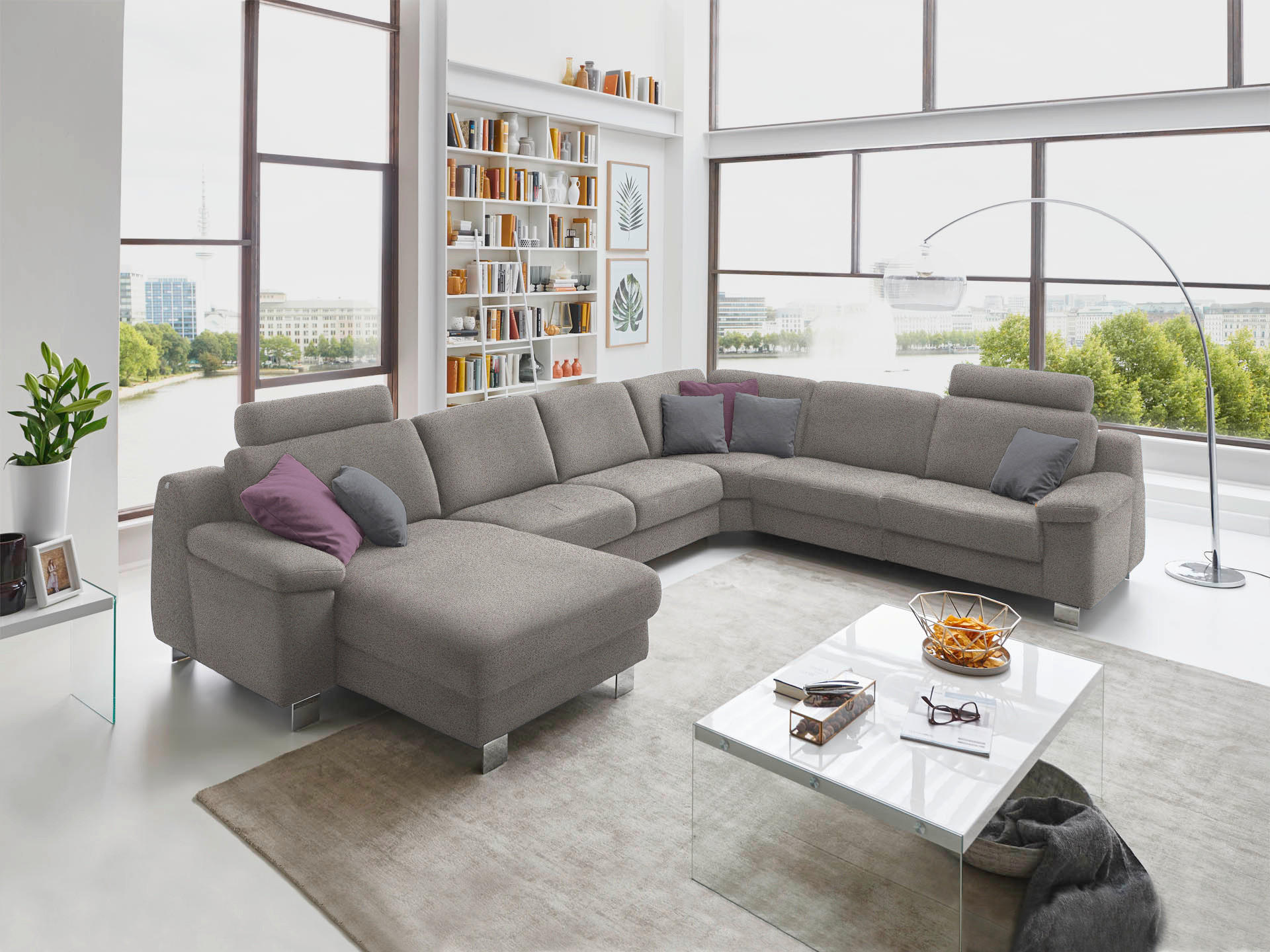 WOHNLANDSCHAFT in Mikrofaser Hellgrau  - Chromfarben/Hellgrau, Design, Textil/Metall (166/364/278cm) - Valdera