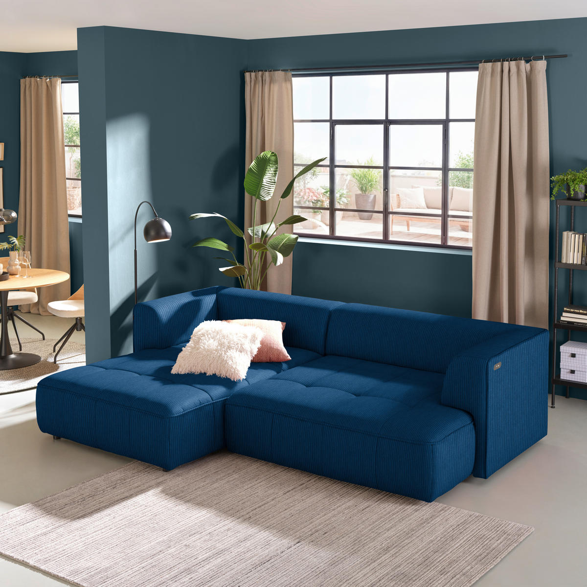 ECKSOFA Feincord Royalblau  - Royalblau/Schwarz, Design, Kunststoff/Textil (188/288cm) - Welnova