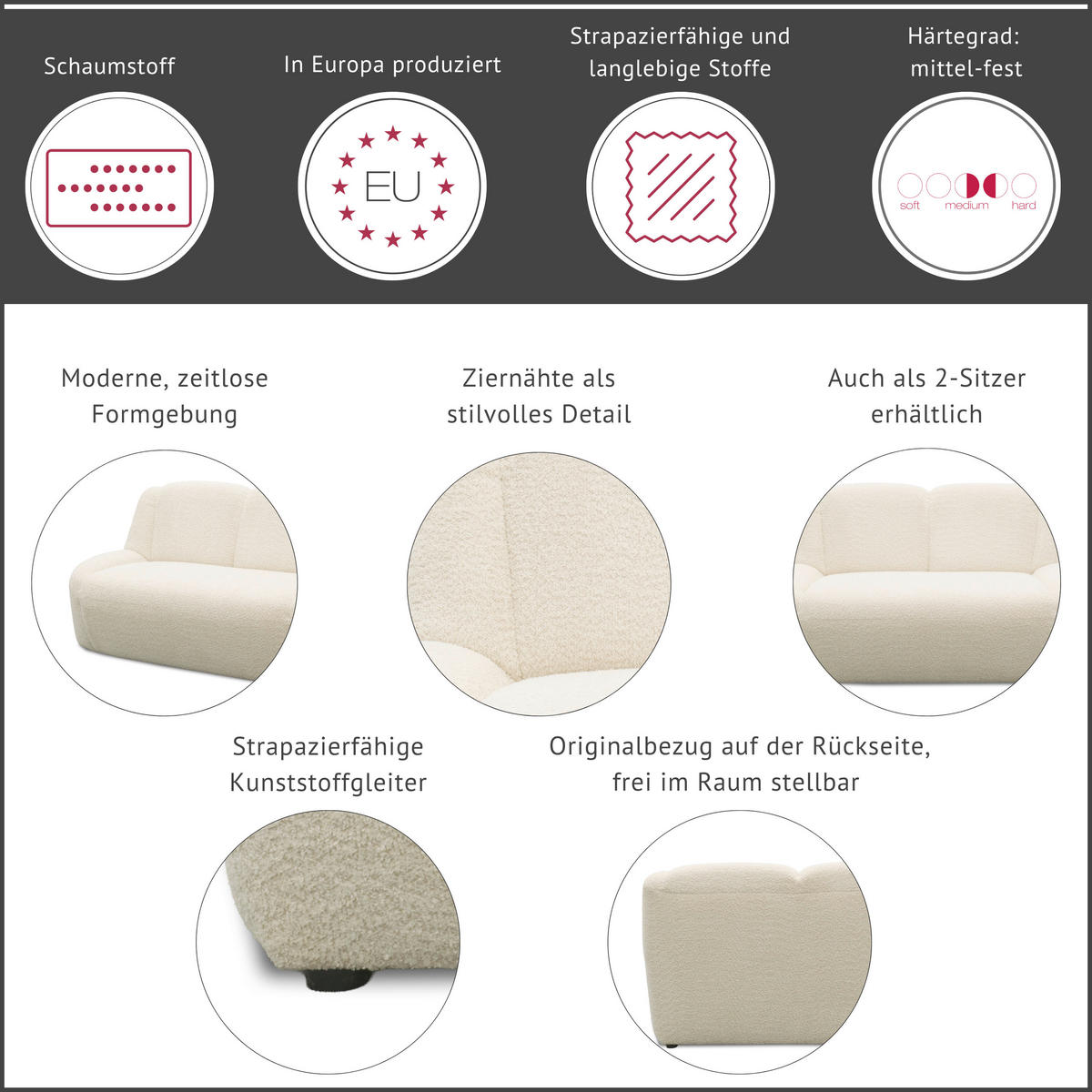 2-SITZER-SOFA 100 034 Chenille Creme  - Creme/Schwarz, MODERN, Kunststoff/Textil (147/82/93cm) - Livetastic