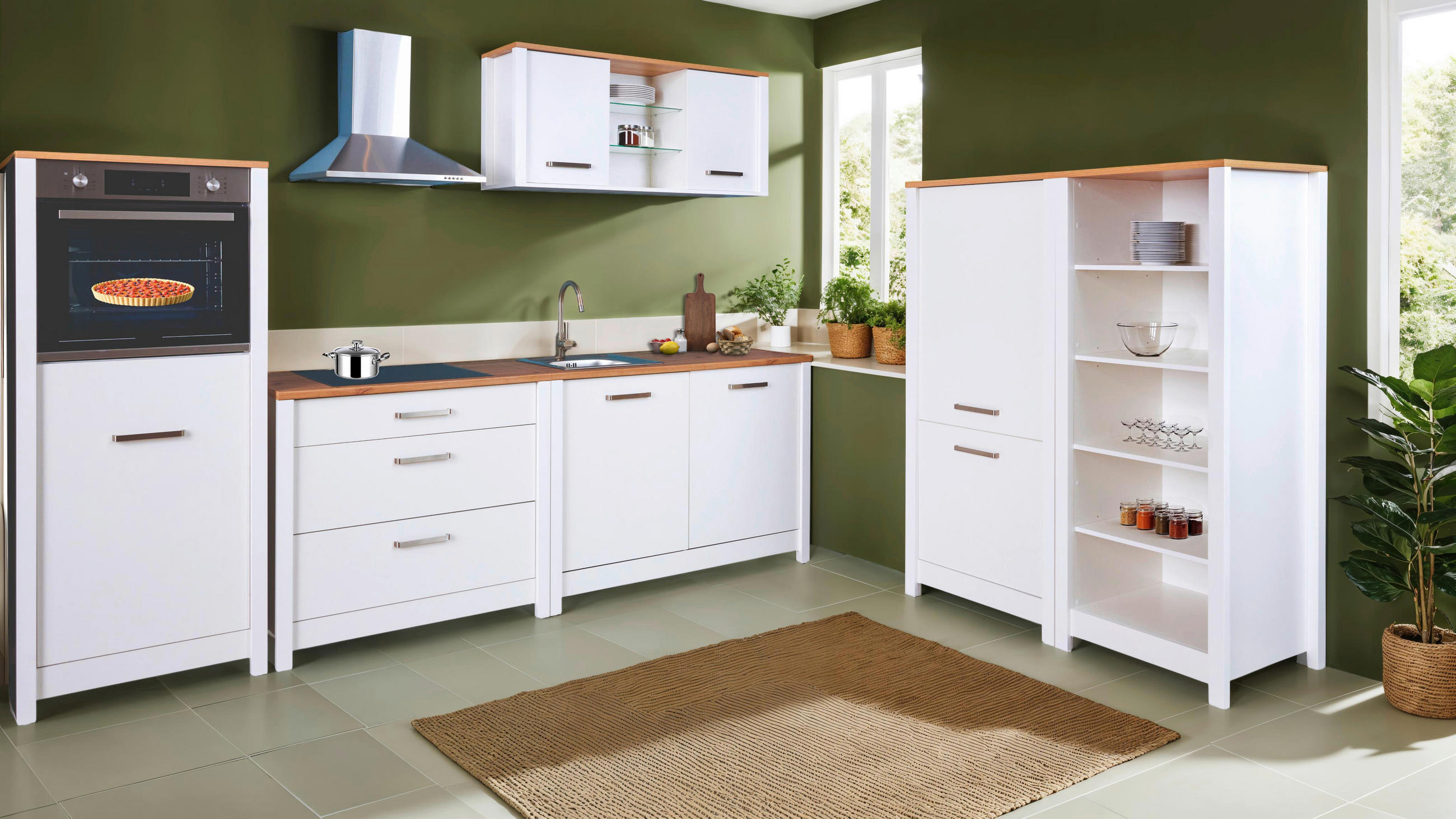 KÜCHENLEERBLOCK   in Weiß, Eiche Artisan  - Silberfarben/Weiß, MODERN, Glas/Holzwerkstoff (430cm) - home24