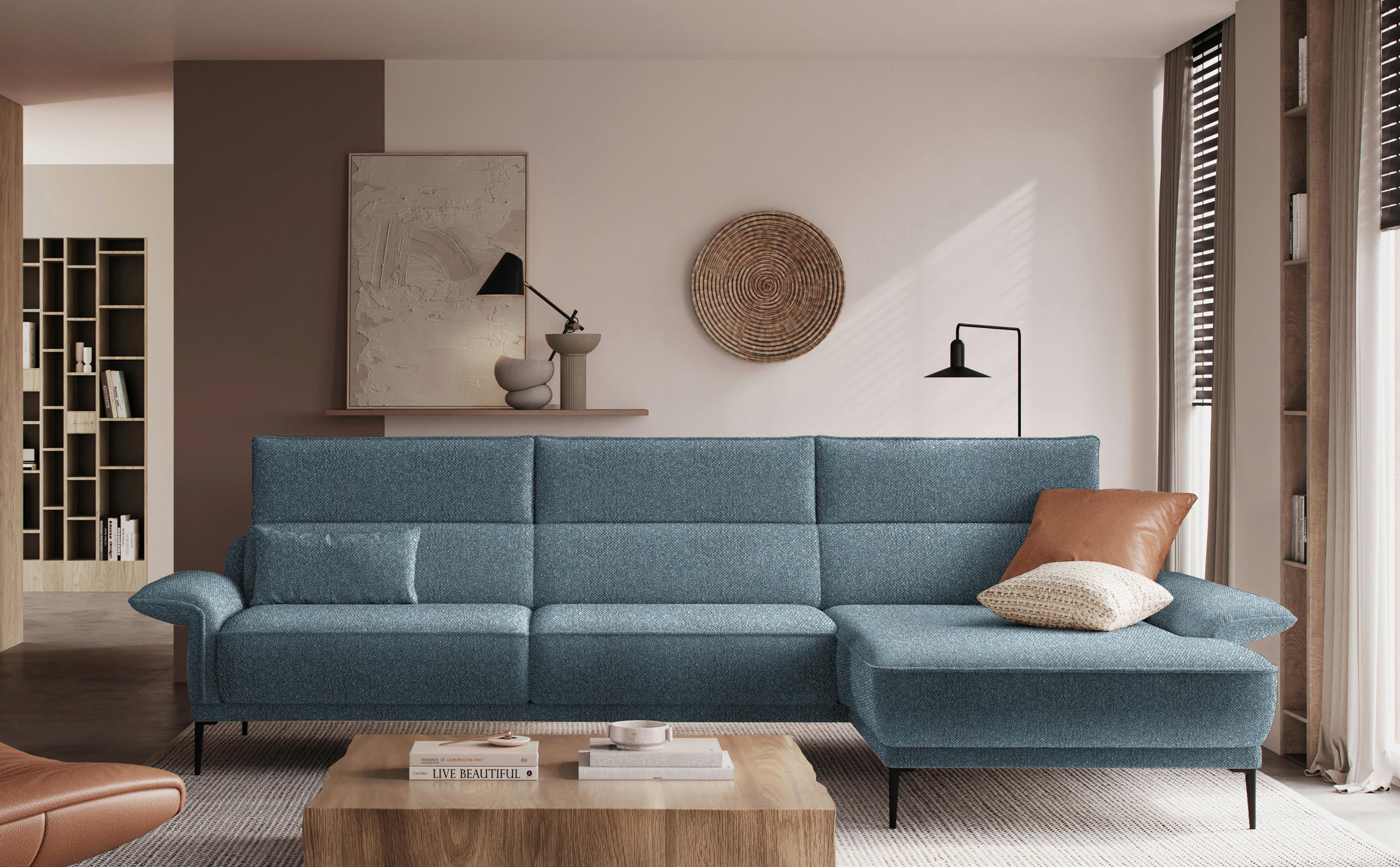 ECKSOFA in Bouclé Blau  - Blau/Schwarz, Design, Textil/Metall (330/186cm) - Johann Jakob