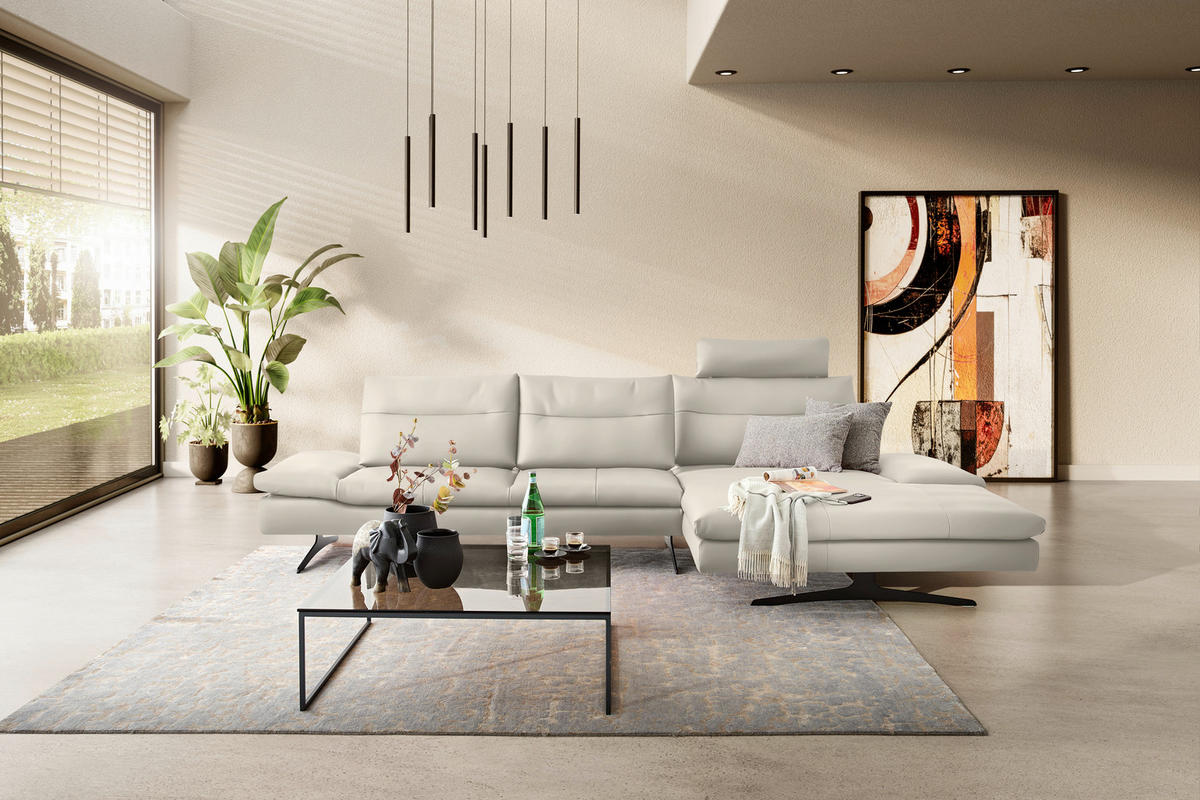 ECKSOFA in Echtleder Ecru  342/158 cm  - Ecru/Schwarz, MODERN, Leder/Metall (342/158cm) - Chilliano