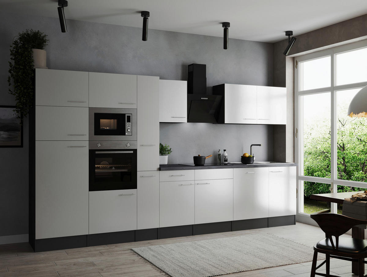 KÜCHENBLOCK 370 cm   in Grau, Weiß  - Silberfarben/Weiß, Design, Holzwerkstoff/Metall (370cm) - Respekta