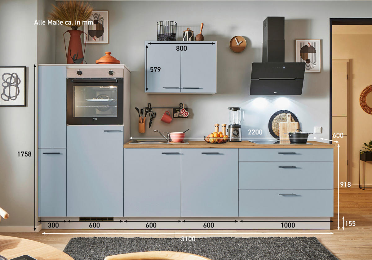 KÜCHENBLOCK PN 105 310 cm  in Eichefarben, Kaschmir, Pastellblau  - Kaschmir/Edelstahlfarben, Design, Holzwerkstoff/Metall (310cm) - Pino