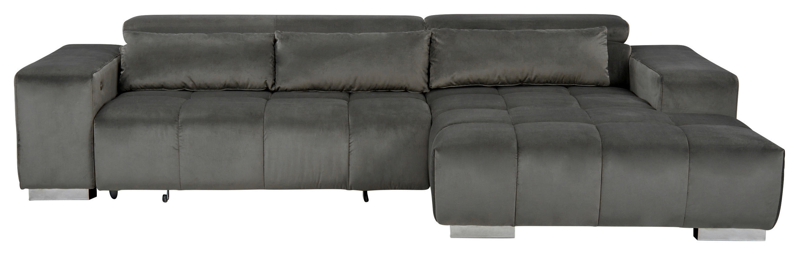 ECKSOFA Anthrazit Velours Kopfteilverstellung  - Anthrazit/Silberfarben, KONVENTIONELL, Textil/Metall (307/186cm) - Livetastic