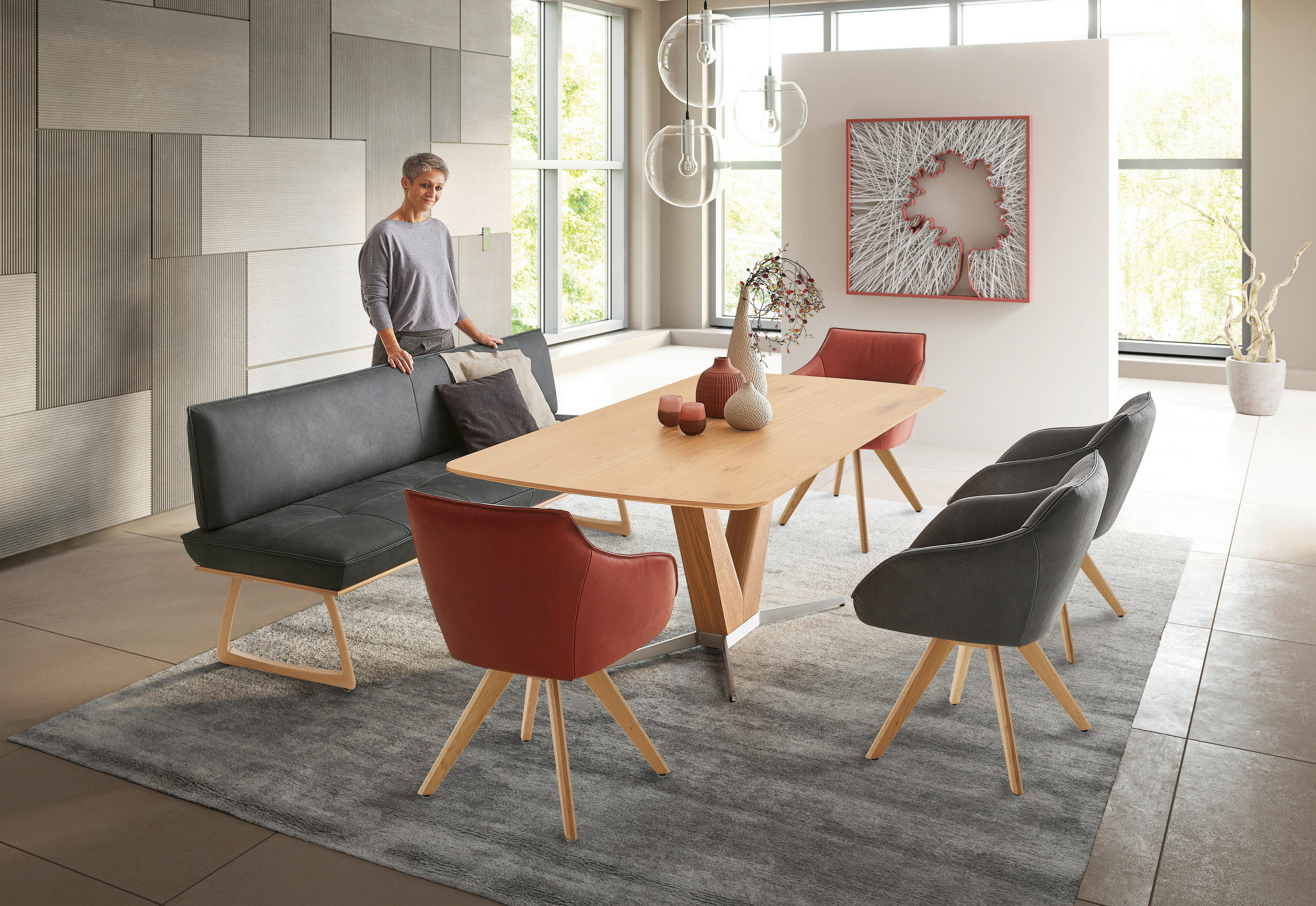 SITZBANK 214/88/66 cm Echtleder Schwarz, Wildeiche Wildeiche furniert, massiv Holz  - Wildeiche/Eichefarben, Design, Leder/Holz (214/88/66cm) - Koinor