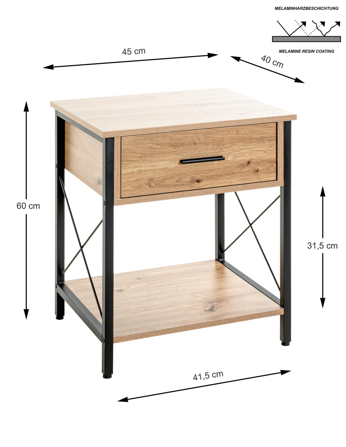 BEISTELLTISCH 45/40/60 cm Schwarz, Eichefarben  - Eichefarben/Schwarz, Design, Holzwerkstoff/Metall (45/40/60cm)