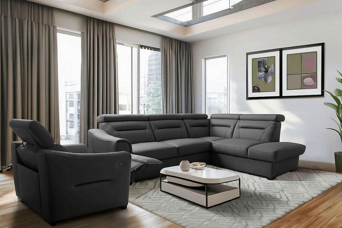 ECKSOFA Lederlook Echtleder Anthrazit  - Wengefarben/Anthrazit, Design, Leder/Holz (260/212cm) - Celina Home