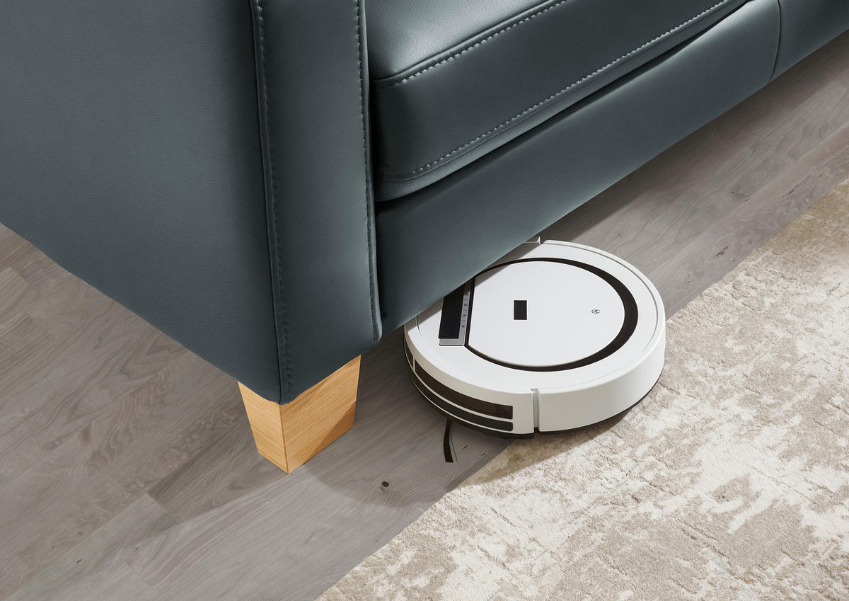 ECKSOFA in Echtleder Blaugrau  - Eiche Bianco/Blaugrau, Konventionell, Leder/Holz (257/235cm) - Valdera