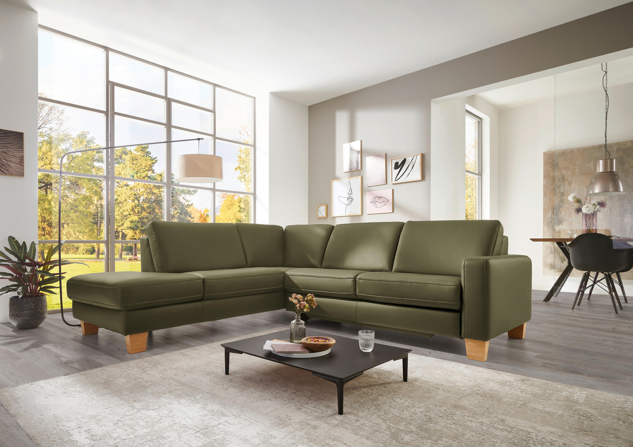 ECKSOFA in Echtleder Grün  - Eiche Bianco/Grün, Natur, Leder/Holz (235/257cm) - Valdera