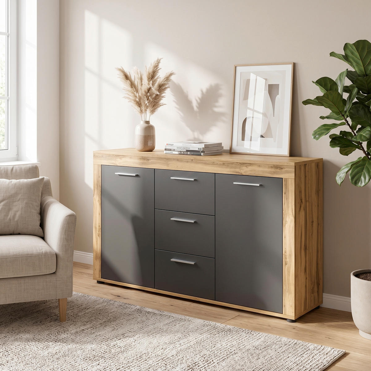 SIDEBOARD Jam 125/80/35 cm 3 Schublade(n)  - Silberfarben/Eiche Wotan, Design, Holzwerkstoff/Kunststoff (125/80/35cm) - MID.YOU