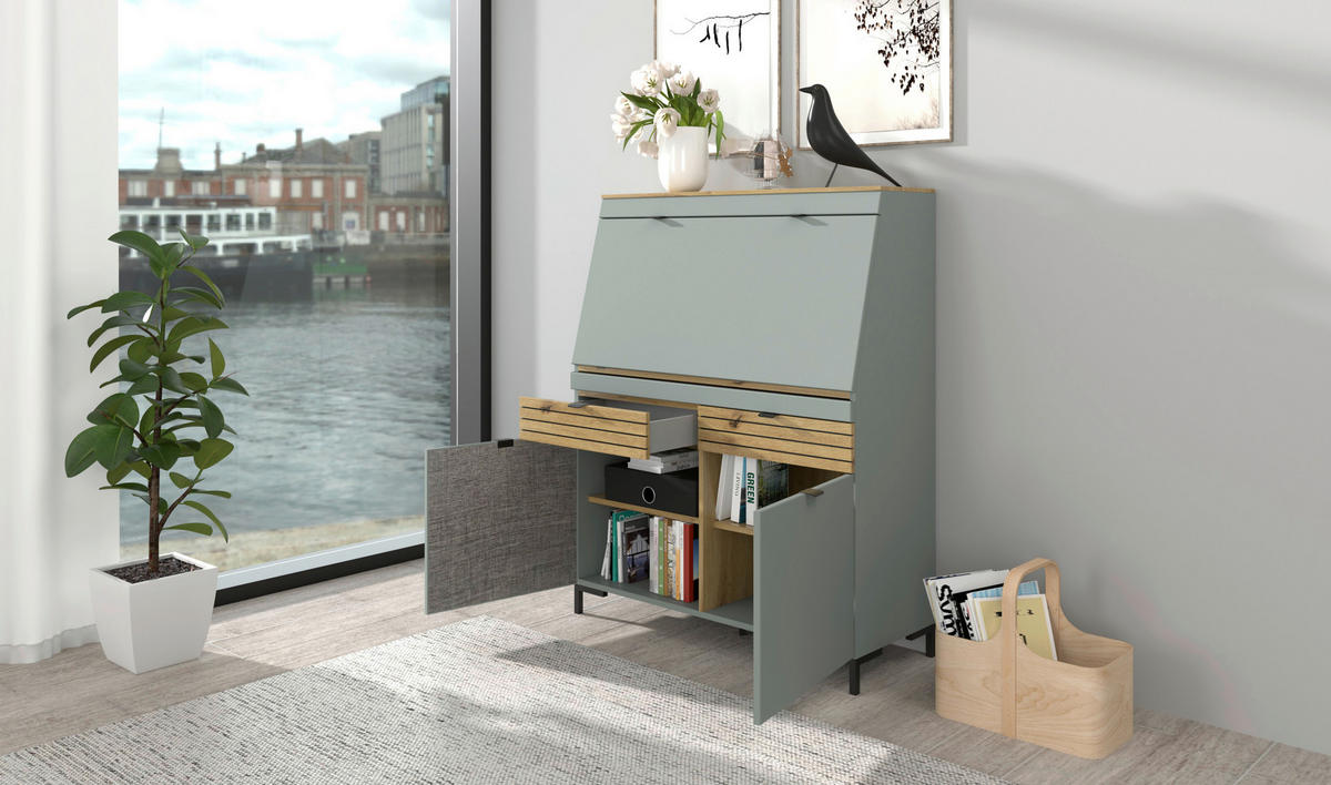 SEKRETÄR   - Schilfgrün/Eichefarben, MODERN, Holzwerkstoff/Metall (98/124/42cm) - Voleo