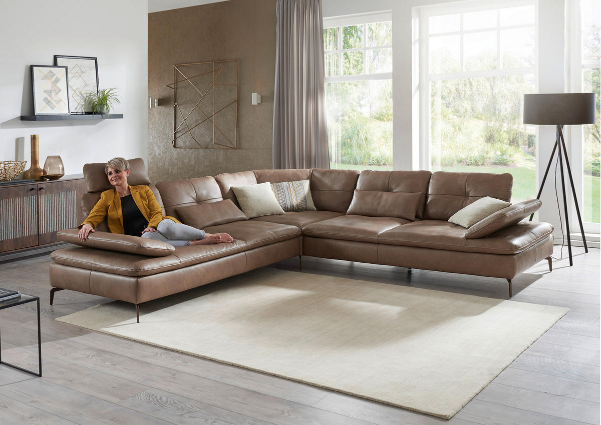 ECKSOFA Sandfarben Echtleder  - Sandfarben/Bronzefarben, Design, Leder/Metall (298/298cm) - Chilliano