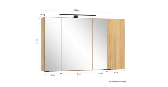 SPIEGELSCHRANK 105/64/20 cm  - Wildeiche/Schwarz, KONVENTIONELL, Glas/Holzwerkstoff (105/64/20cm) - Xora