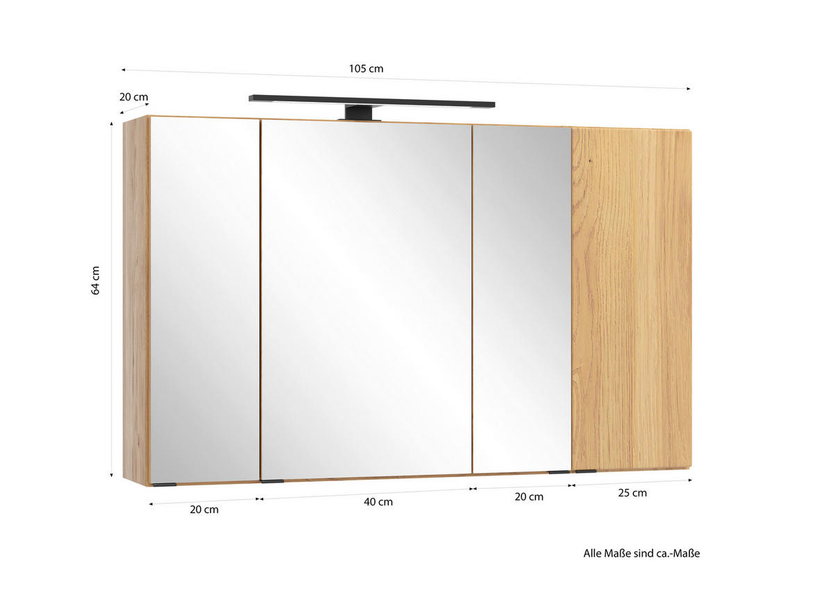 SPIEGELSCHRANK 105/64/20 cm  - Wildeiche/Schwarz, KONVENTIONELL, Glas/Holzwerkstoff (105/64/20cm) - Xora