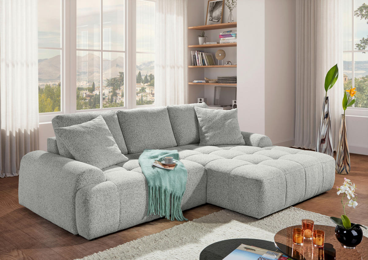 Ecksofa mit Funktion Creme Flachgewebe Zierkissen, Rückenkissen, Bettkasten, Schlaffunktion, Rücken echt, Liegefläche im Originalstoff  - Creme/Schwarz, KONVENTIONELL, Kunststoff/Textil (277/190cm) - Carryhome