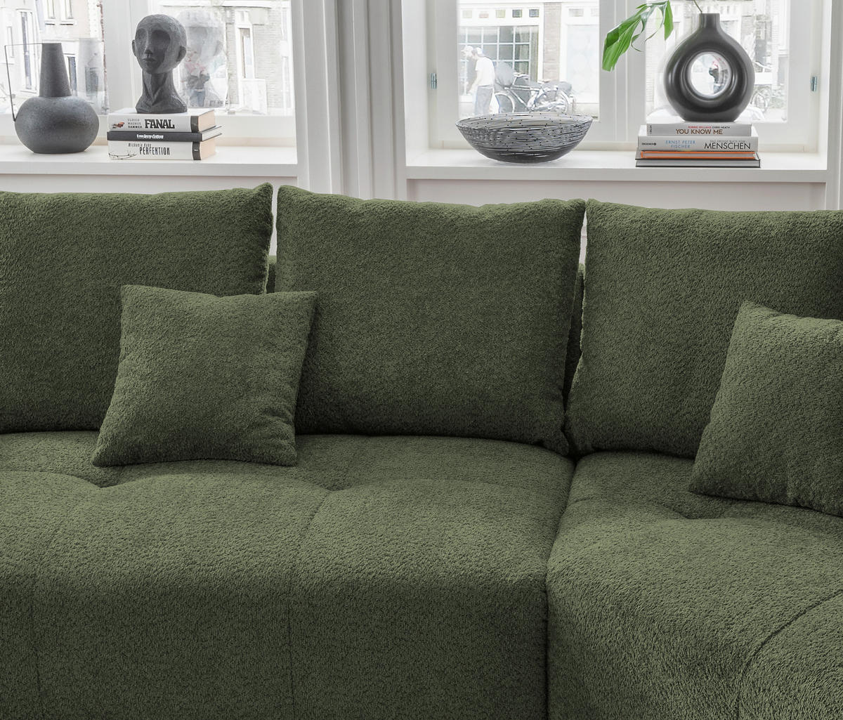 BIGSOFA Bouclé Dunkelgrün  - Dunkelgrün/Schwarz, MODERN, Kunststoff/Textil (323/91/155cm) - Livetastic