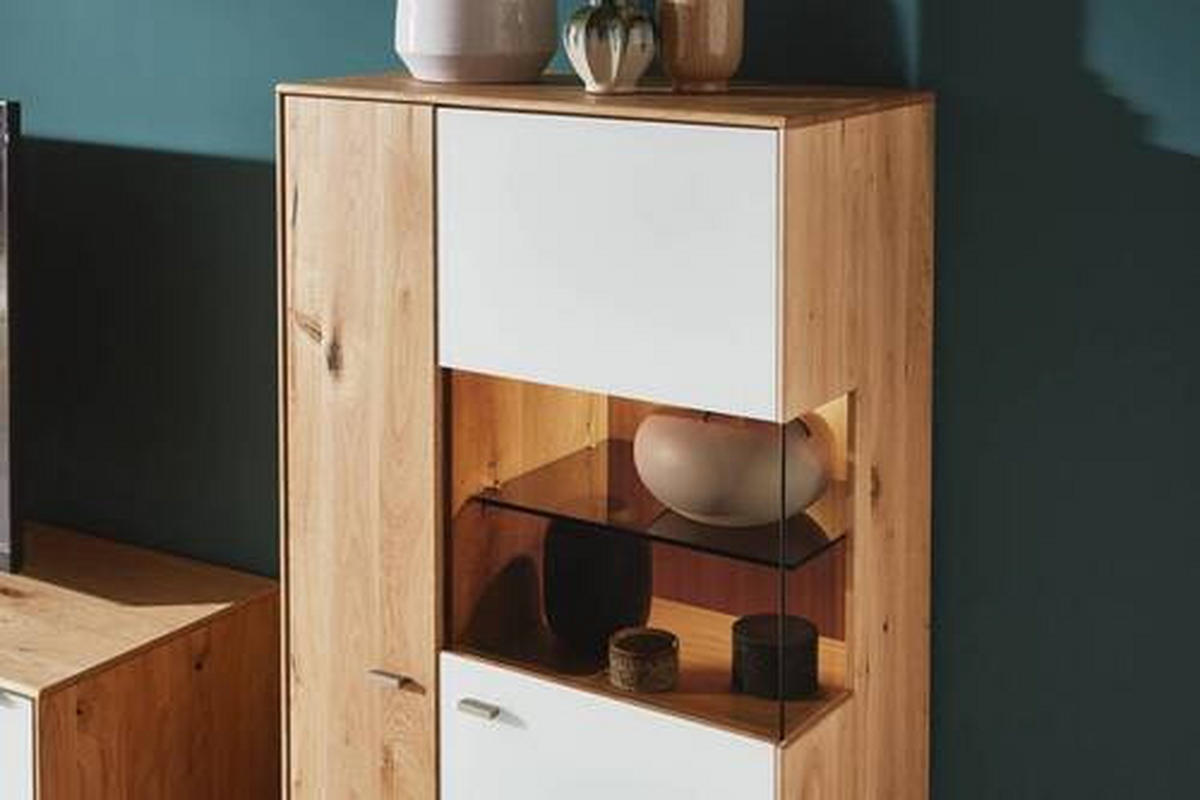 WOHNWAND  in Weiß, Eichefarben  330/204/50 cm  - Eichefarben/Silberfarben, Design, Glas/Holz (330/204/50cm) - Waldwelt