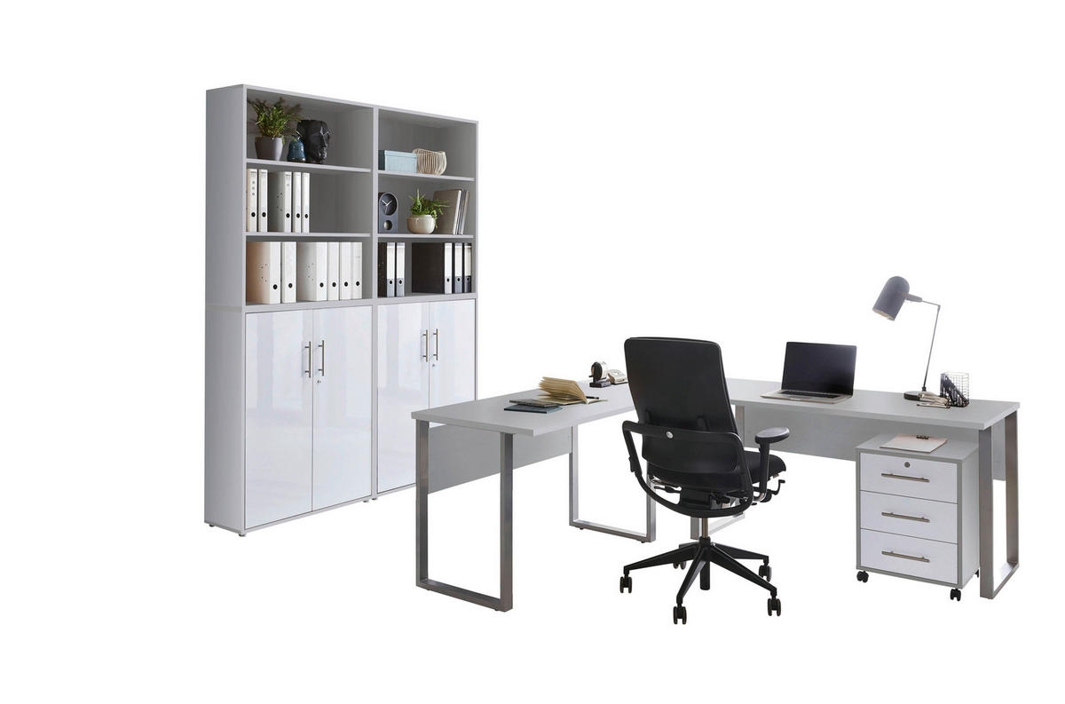 BÜRO - Weiß Hochglanz/Grau, MODERN, Holzwerkstoff/Metall - MID.YOU