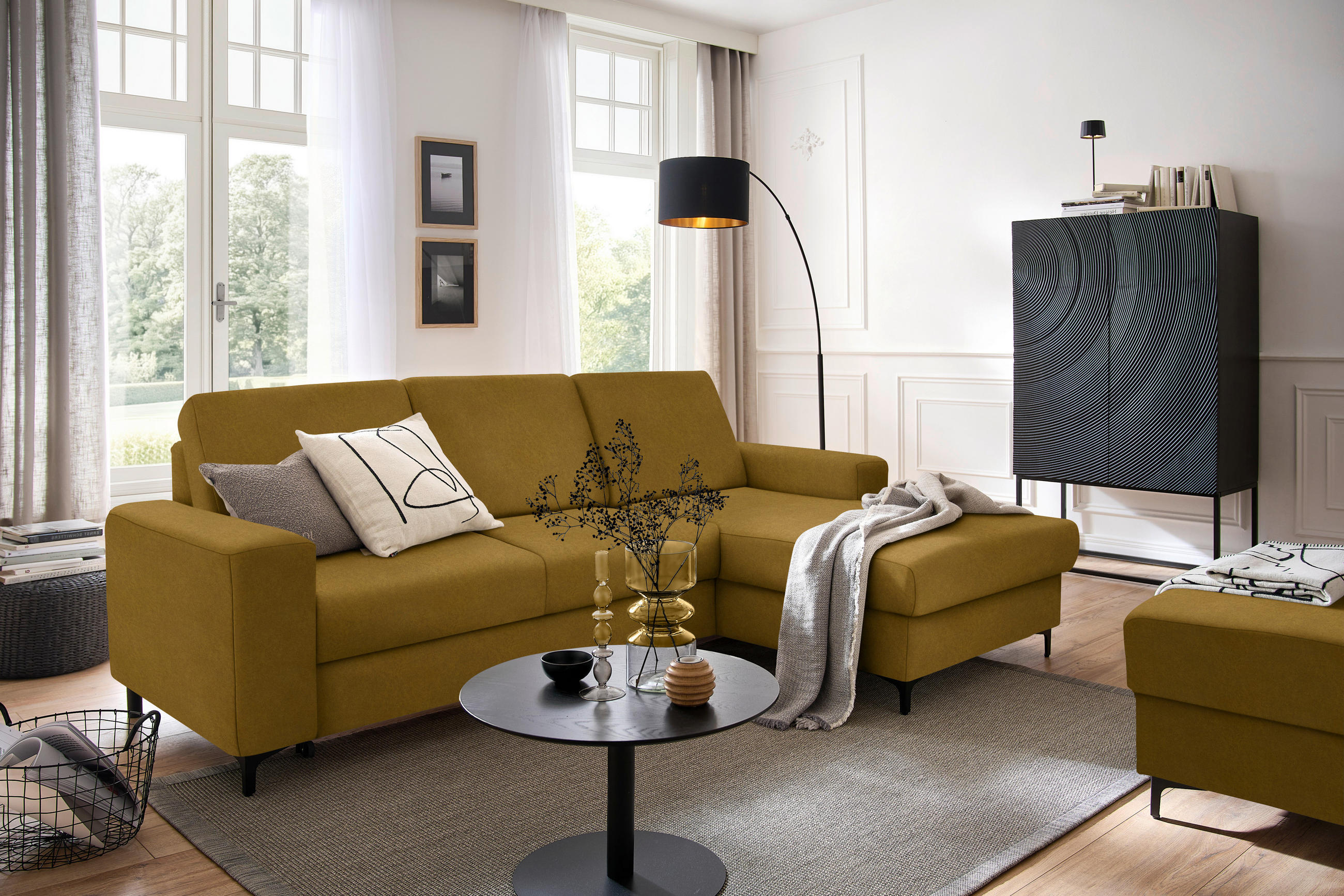 ECKSOFA in Velours Gelb  - Gelb/Schwarz, Konventionell, Textil/Metall (247/167cm) - Stylife