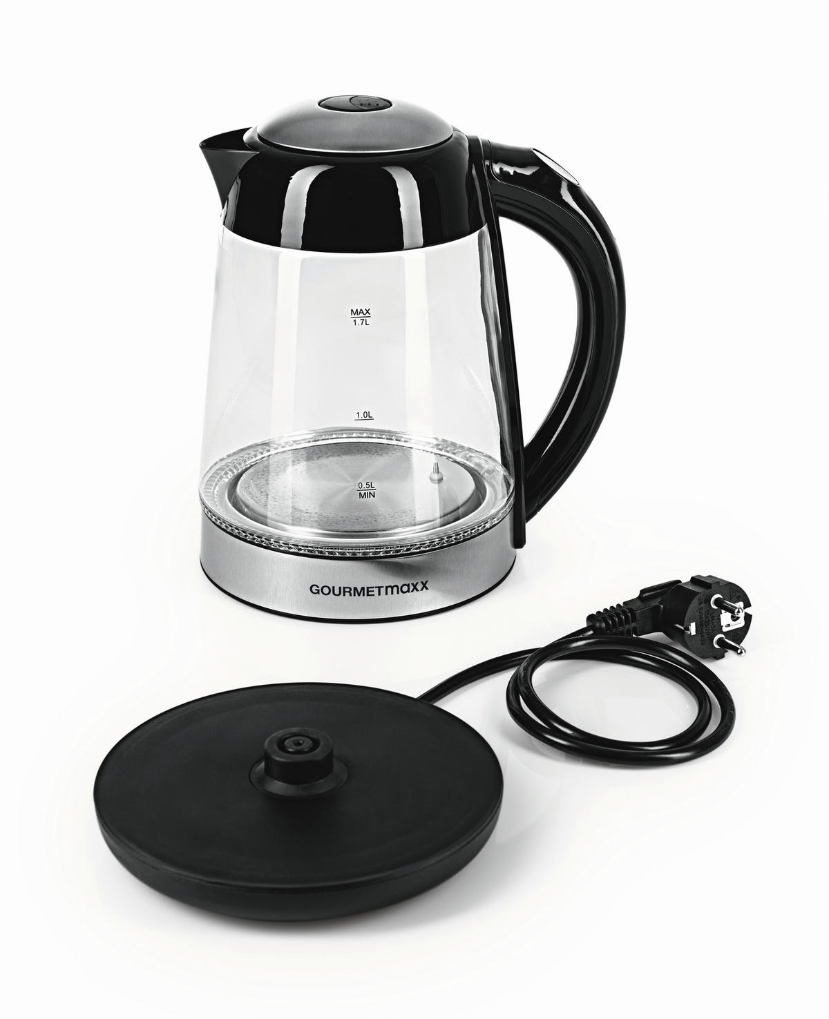 WASSERKOCHER GOURMETmaxx 1,7 L  - Edelstahlfarben/Schwarz, Basics, Glas/Kunststoff (21/16/25cm) - GOURMETMAXX