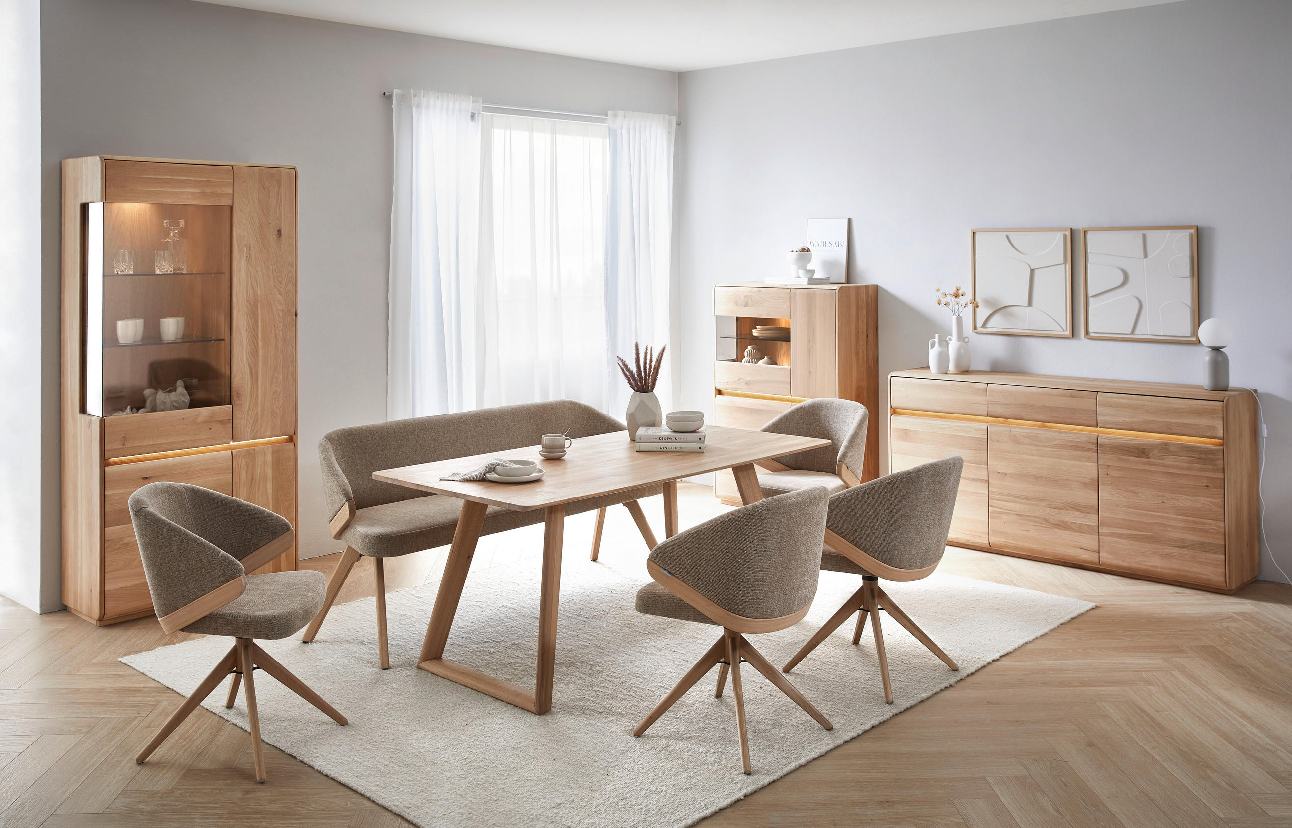 Thumbnail - Linea Natura Sitzbank Lissoni, Beige, Holz, Textil, Eiche, massiv, 3-Sitzer, 231x83x59 cm, mit Rückenlehne, in verschied...