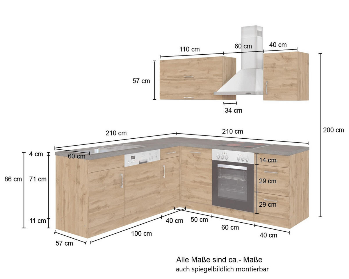 ECKKÜCHE 210/210 cm  in Anthrazit  - Eichefarben/Anthrazit, MODERN, Holzwerkstoff/Metall (210/210cm) - Held