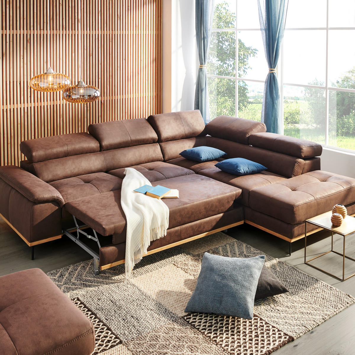 ECKSOFA inkl.Funktionen Dunkelbraun Lederlook  - Dunkelbraun/Schwarz, Natur, Holz/Textil (282/226cm) - Novel