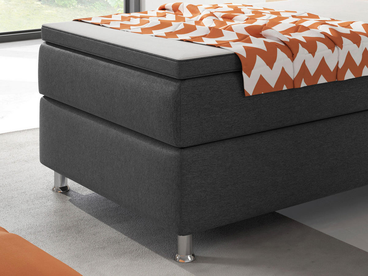 BOXSPRINGBETT 90/200 cm,  in Anthrazit, Matratze, gepolstertes Kopfteil, Topper, H3 = fest  - Anthrazit/Silberfarben, KONVENTIONELL, Textil/Metall (90/200cm) - MID.YOU