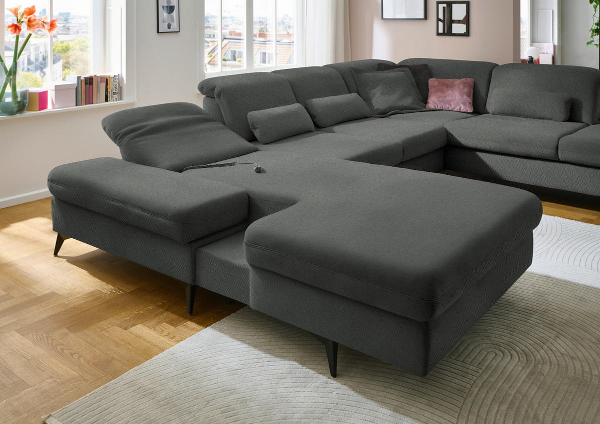 WOHNLANDSCHAFT  in Chenille Grau  - Schwarz/Grau, Design, Textil/Metall (198/364/255cm) - Beldomo Style