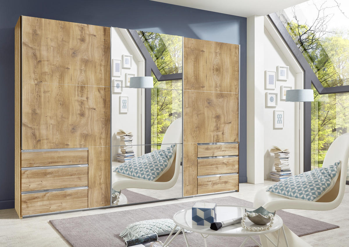 SCHWEBETÜRENSCHRANK in Eichefarben  - Chromfarben/Eichefarben, Modern, Glas/Holzwerkstoff (300/216/65cm) - MID.YOU