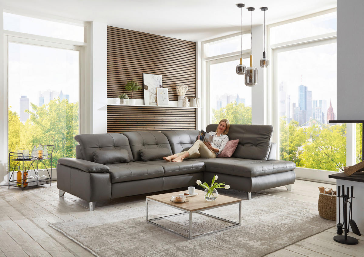 ECKSOFA in Echtleder Grau  - Alufarben/Grau, Design, Leder/Metall (309/211cm) - Beldomo Speed