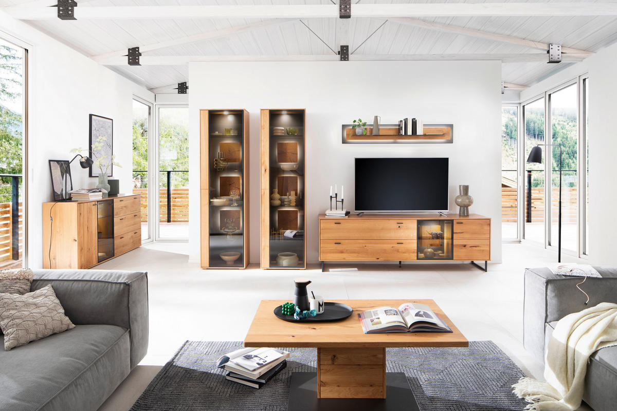 WOHNWAND  in Wildeiche 359/206/50 cm  - Wildeiche/Schwarz, Design, Glas/Holz (359/206/50cm) - MID.YOU