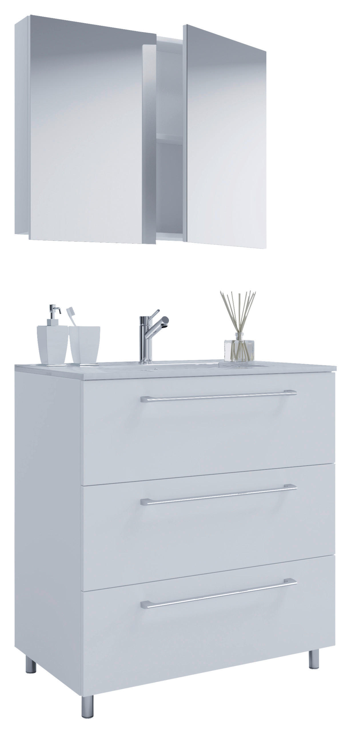 BADEZIMMER 3-teilig in 80 cm - Alufarben/Weiß, MODERN, Keramik/Holzwerkstoff (80cm) - MID.YOU