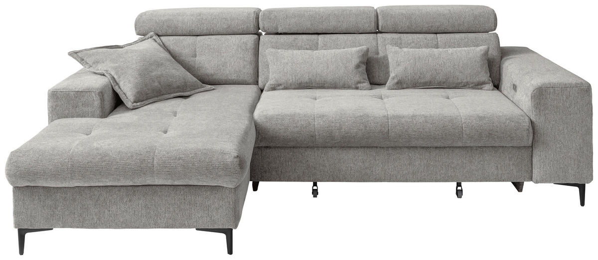 ECKSOFA NEAPEL Grau Chenille Schlaffunktion, Kopfteilverstellung, Sitzvorzug  - Schwarz/Grau, Basics, Textil/Metall (186/270cm) - Livetastic